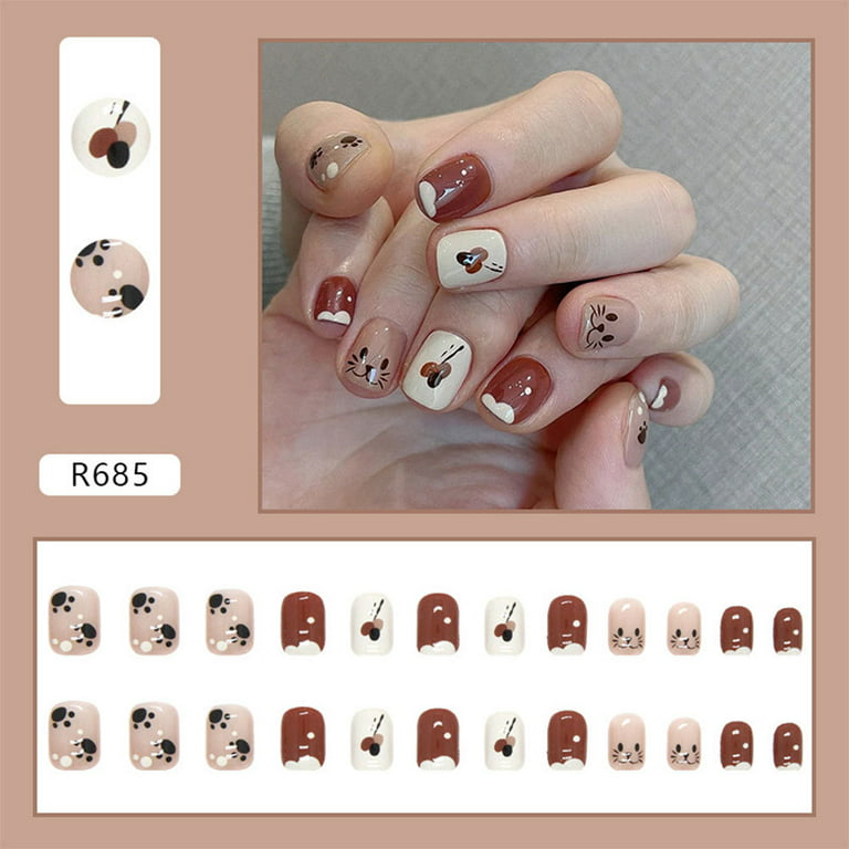 24PCS Fake Nails Cute Cat Girls Sweet Style Short Press On Nails Wearable  Finished Nail Piece Fully Covered Nail Decoration - AliExpress