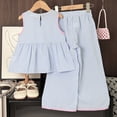 thumbnail image 4 of UngA Girl's 2 Piece Striped Outfits Bow Knot Ruffle Peplum Tank Top and Wide Leg Pants Set for Toddler Kids Summer Spring Clothes 4-5 Years,Blue, 4 of 7