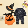 thumbnail image 2 of Mercatoo My First Halloween Outfit, Toddler Baby Boy Girls Halloween Pumpkin Romper with Hat 3Pcs Clothes Set 3 to 24 Months, 2 of 7