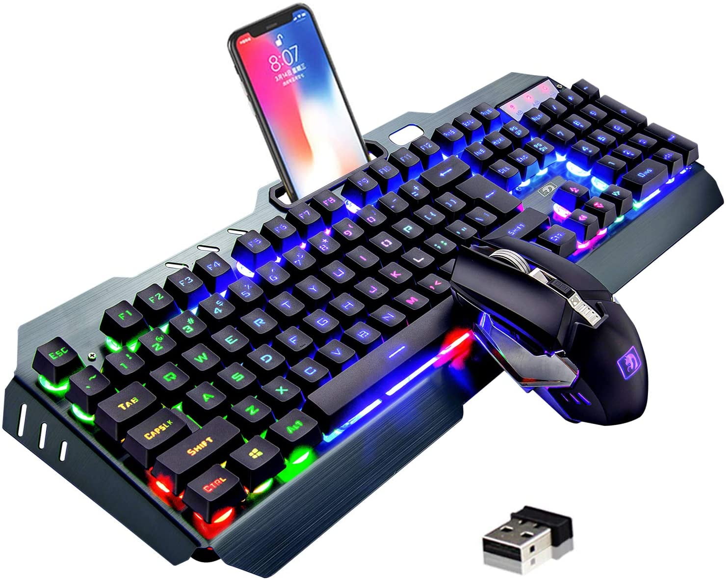 Wireless Keyboard and Mouse,Rainbow LED Backlit Rechargeable Keyboard Mouse with 3800mAh Battery