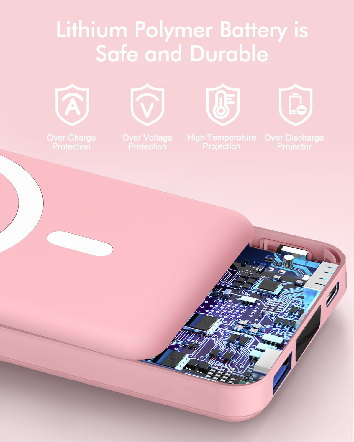 Podoru Wireless Portable Charger, 10000mAh Magnetic Power Bank LED Display 22.5W PD Fast Charging Battery Pack for iPhone 16/15/14/13/12/Mini/Pro/Pro Max-Pink