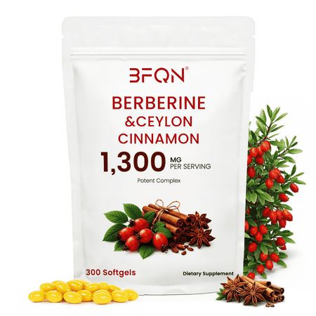 BFQN Berberine Supplement with Ceylon Cinnamon, 1,300 mg, Cinnamon Supplements, for Blood Sugar & Metabolism Support, Non-GMO, Gluten Free, 300 Softgels (150 Servings)