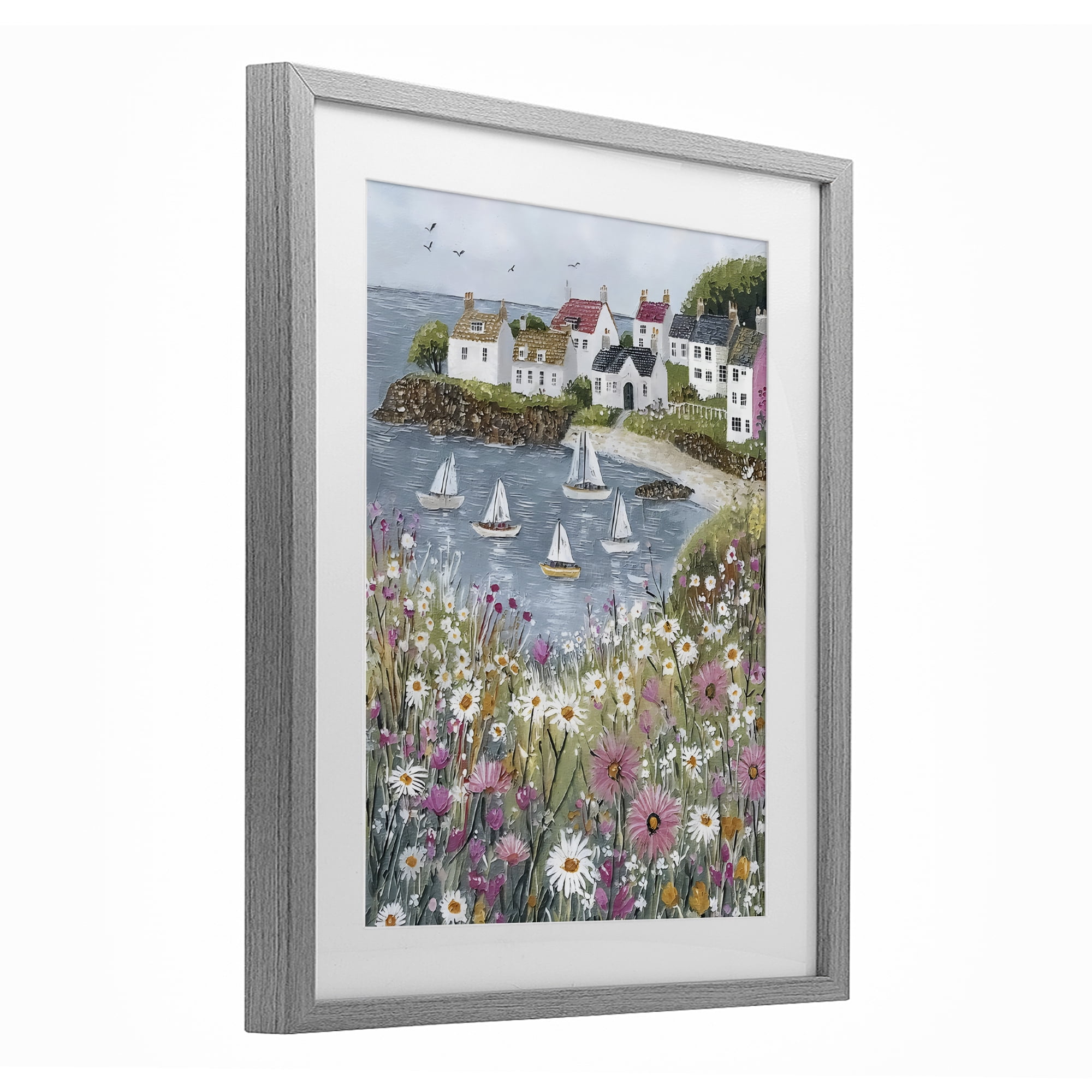 Stupell Industries Seaside Sailboats in Village Bay Gray Framed Print Under Glass, design by Riley B