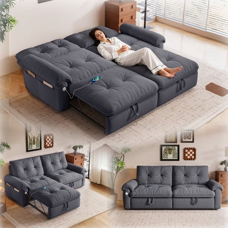 77" Queen Size Sofa Bed, Loveseat Sleeper Sofa with Pull Out Bed, Pockets and USB, Modern 2 Seater Convertible Small Couch for Living Room Bedroom Apartment, Grey
