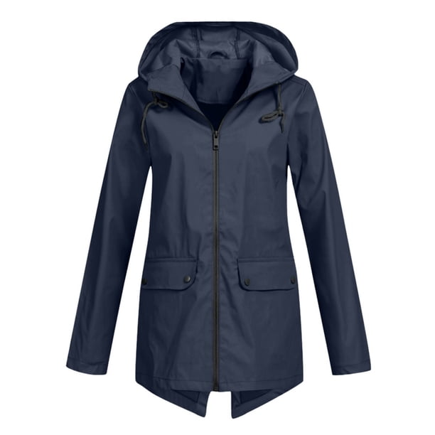 Gabardinas Impermeables de Larga con Capucha y Cremallera para Mujer, Ligeras y Largas, para Viajes Azul Marino XL