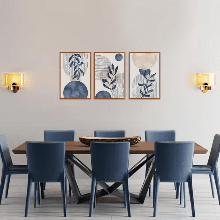 Boho Plant Wall Art Set of 3,Blue Bohemain Framed Canvas,Abstract Geometric Line Wall Painting,Modern Nature Prints,Botanical and Moon Wall Art for Living Room Bedroom Office - 3Pieces,16”X24”