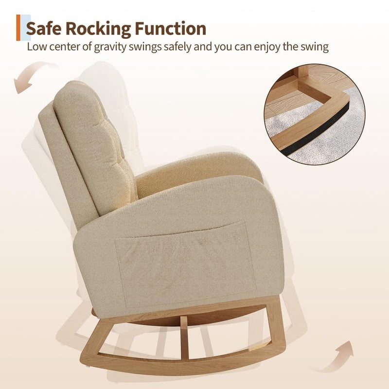Rocking Chair for Nursery, Upholstered Glider Rocker with High Backrest and Padded Seat, Comfy Accent Armchair with Side Pocket for Bedroom, Living Room, Nursing Room