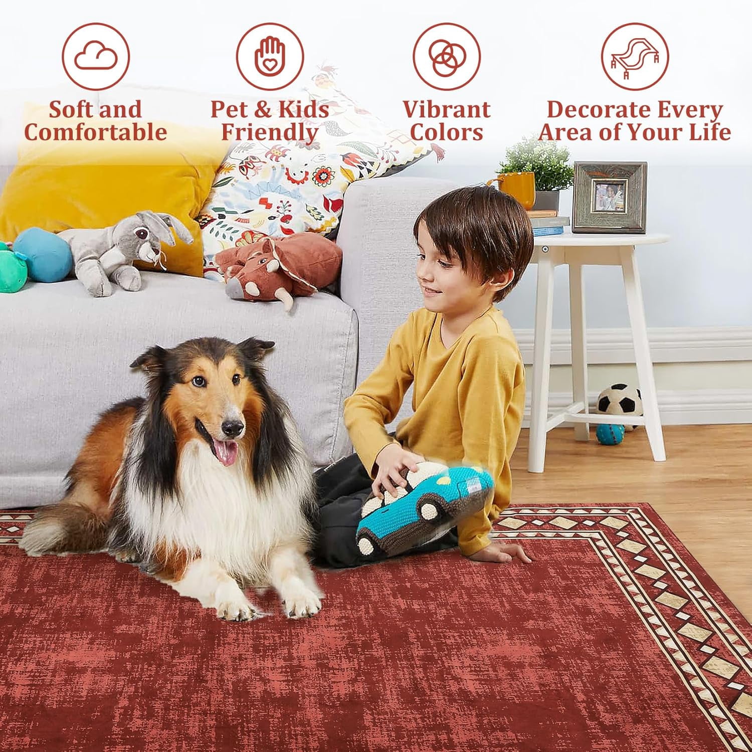 Washable 9x12 Area Rug for Living Room Vintage Rugs for Bedroom Red Rug Bordered Soft Large Area Rug Non Slip Throw Rugs Low Pile Stain Resistant Carpet for Nursery Dining Room 9'x12' Red