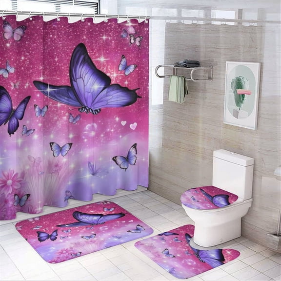 Dreamy Purple Butterfly Pattern (40)-1 Shower Curtain Bathroom Sets Toilet Lid Rug, Bath Mat And Contour Mat, Shower Curtain 4Pcs