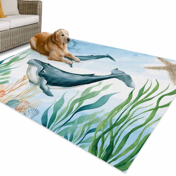 Outdoor Rug 6x9 ft Ocean Whale Compass Waterproof Outdoor Patio Rug Mat Non Slip Outside Area Rugs Carpet for RV,Camping,Porch,Deck,Pool,Balconybackyard,Sea Coral Starfish Bule