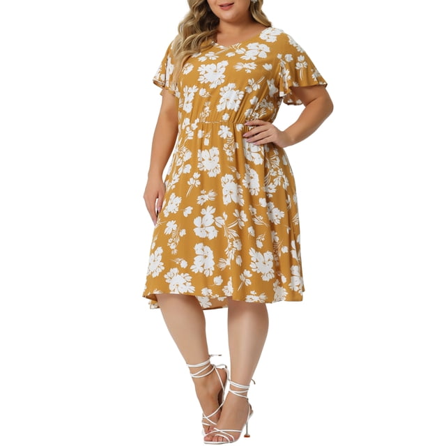 GRACE & GRANDEUR Robe pour Femme Grande Taille à Manches Courtes Évasées, Florale, à Basque, Robe Midi d'Été 3X Jaune