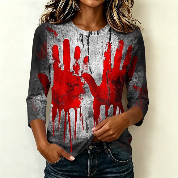 HOMBOM Womens Cute Summer T Shirts 3/4 Sleeve Halloween Cozy Graphic Print Daily Crewneck Ladies Tees Essentials Tops,4XL