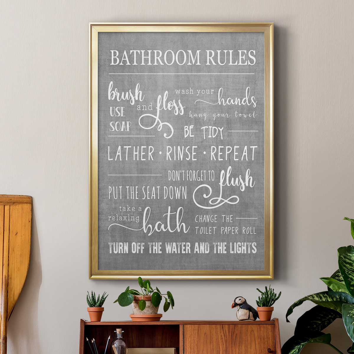 Neutral Bathroom Rules Premium Framed Print - Ready to Hang