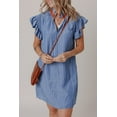 thumbnail image 4 of Women's Sky Blue Stripe Frilly Split Neck Shirred Ruffle Sleeve Mini Dress - [ZhiHiMeRi] | (US 12-14)L, 4 of 12