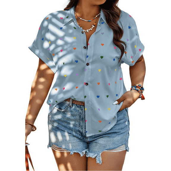 SOMER Plus Size Button Down Shirts for Women Blouses Short Sleeve V Neck Cute Heart Print Shirts Casual Summer Vacation Tops Loose Fit Blue 2XL