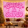thumbnail image 3 of Sweet & Saved Bubble Letters on Pink with Hearts, Joyful Retro Digital Art for Faith Lovers, Faith Wall Art, Friendship Gift Tapestry Wall Hanging for Bedroom, Dorm and Studio, 3 of 7
