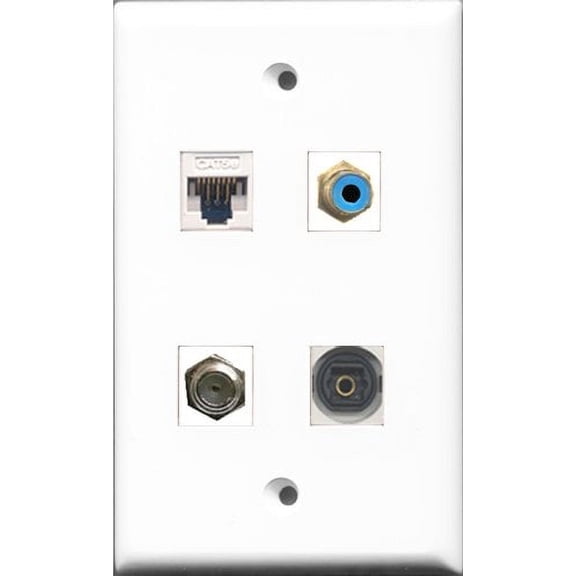 RiteAV 1 Port RCA Blue and 1 Port Coax Cable TV- F-Type and 1 Port Toslink and 1 Port Cat5e Ethernet White Wall Plate