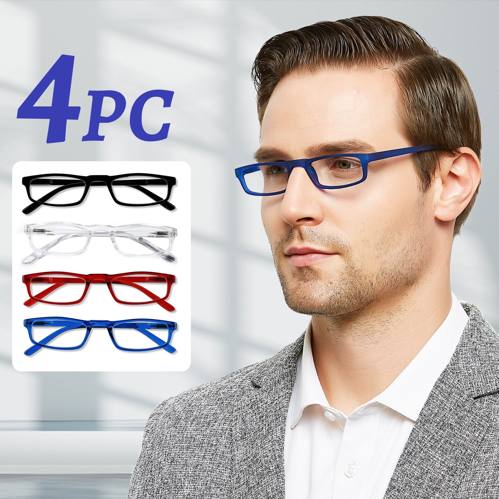 4 Pack Men's Reading Glasses 3.0 Square Readers 1.00 1.50 2.00 2.50 3.