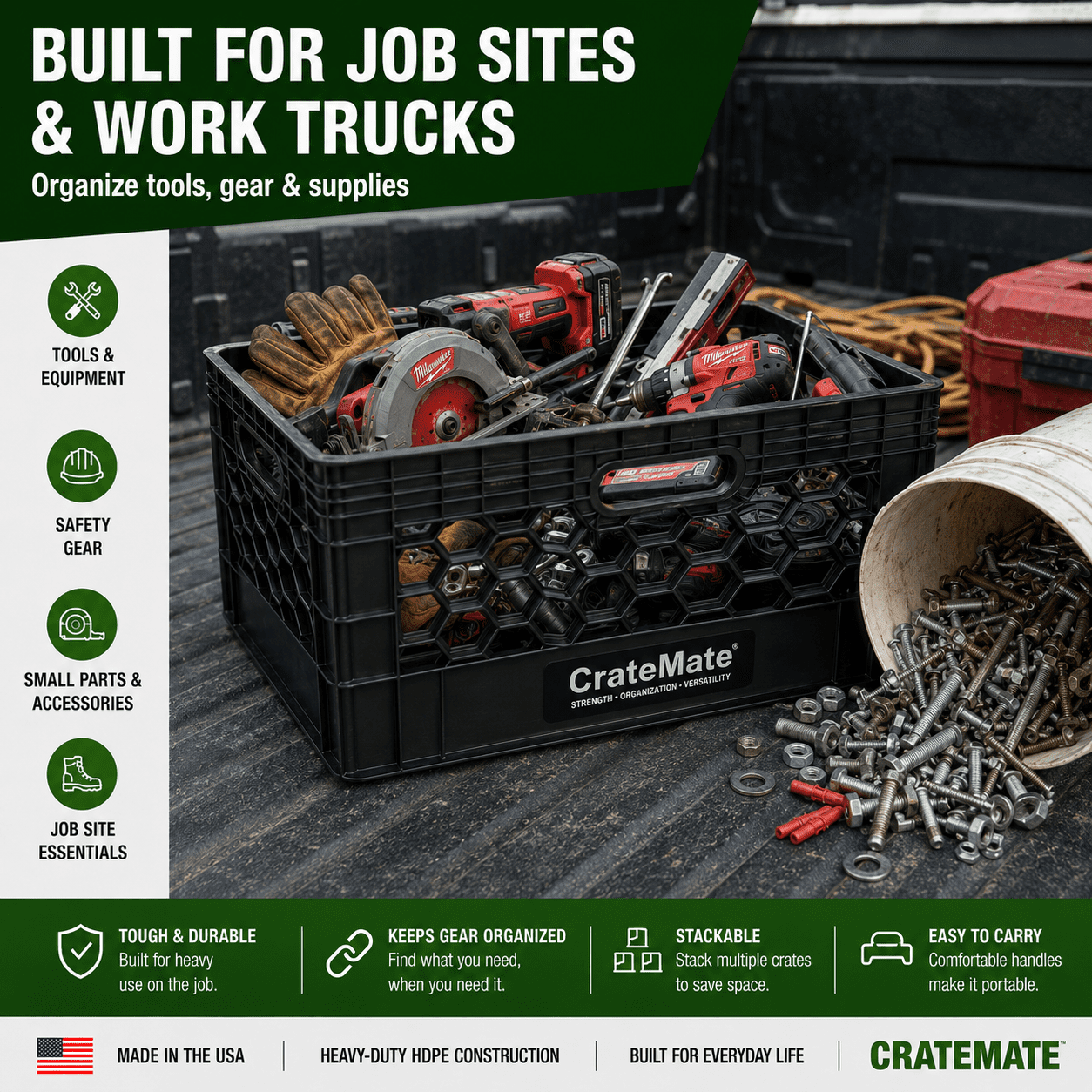 CrateMate Heavy-Duty Black Milk Crates for Storage, Organization, & More - Versatile & Durable Stackable 24QT 18.75" x 13" x 11" 3PK