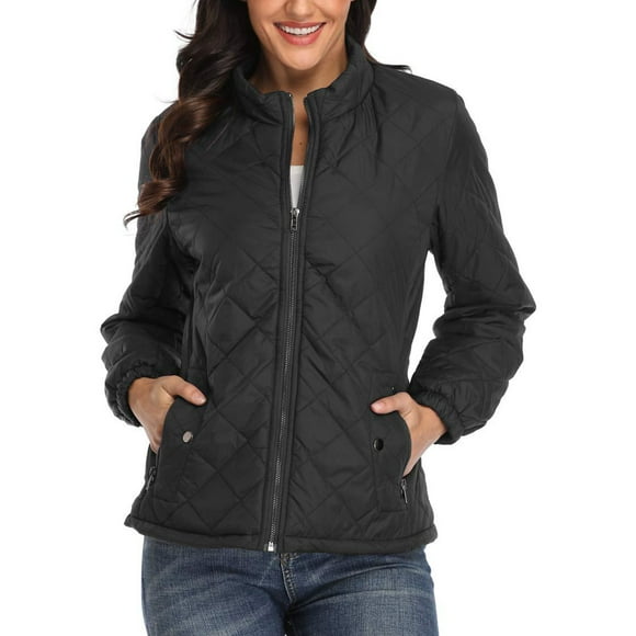 Fashnice Ladies Quilted Jackets Long Sleeve Coat Zip Up Outerwear Thermal Work Coats Black XL