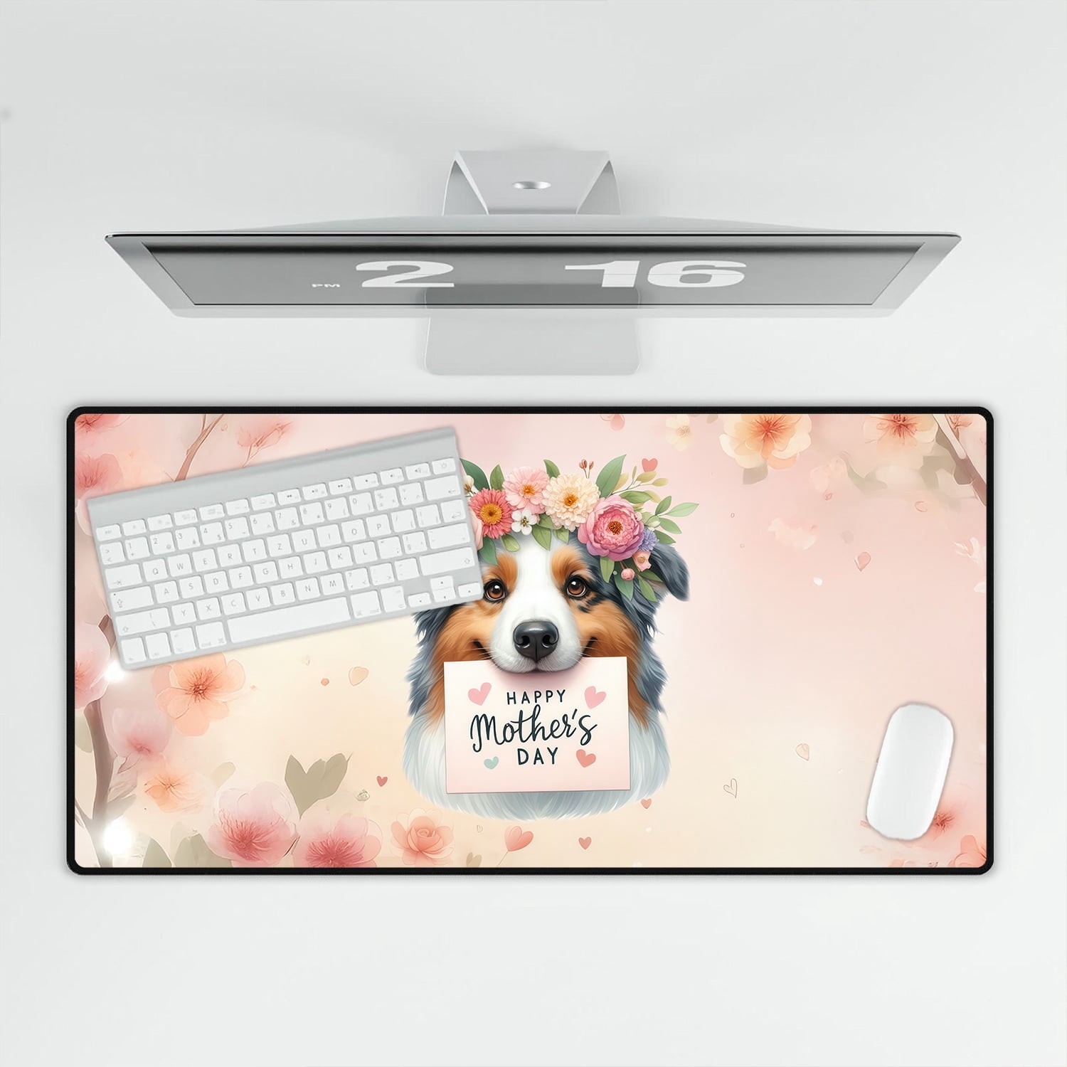 Happy Mother's Day Australian Shepherd with Flower Crown and Greeting Card Desk Mat Full Keyboard Mouse Pad Aussie Dog Lover Gifts Large Mousepad - 13004