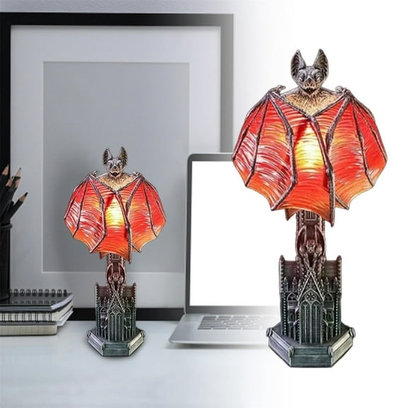 Gothic Wings of Night Halloween Lamp, Bat Wing Lampshade with Red Glow and Cathedral Base, Gothic Decor Light for Halloween Home Decoration or Room
