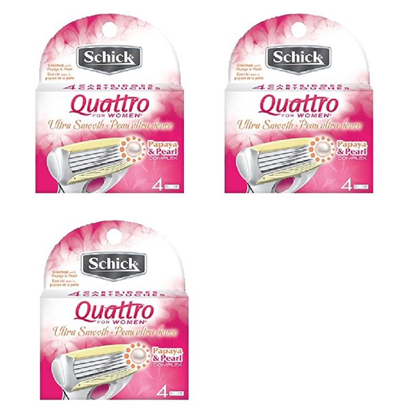 Schick Quattro for Women Razor Refill Blade Cartridges, Ultra Smooth, 4 Ct. (Pack of 3) + Facial