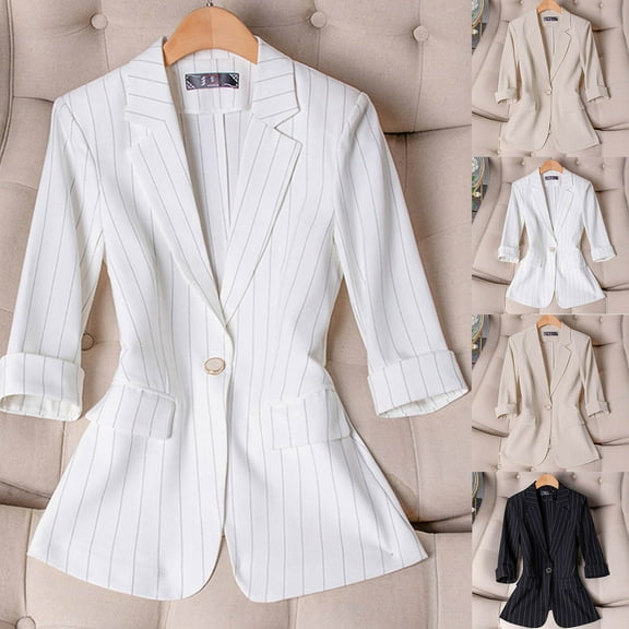 Hvyesh Women's 3/4 Sleeve Blazer Jacket Bussiness Casual Striped Suit Jacket Plus Size Work Lightweight Blazers Coat