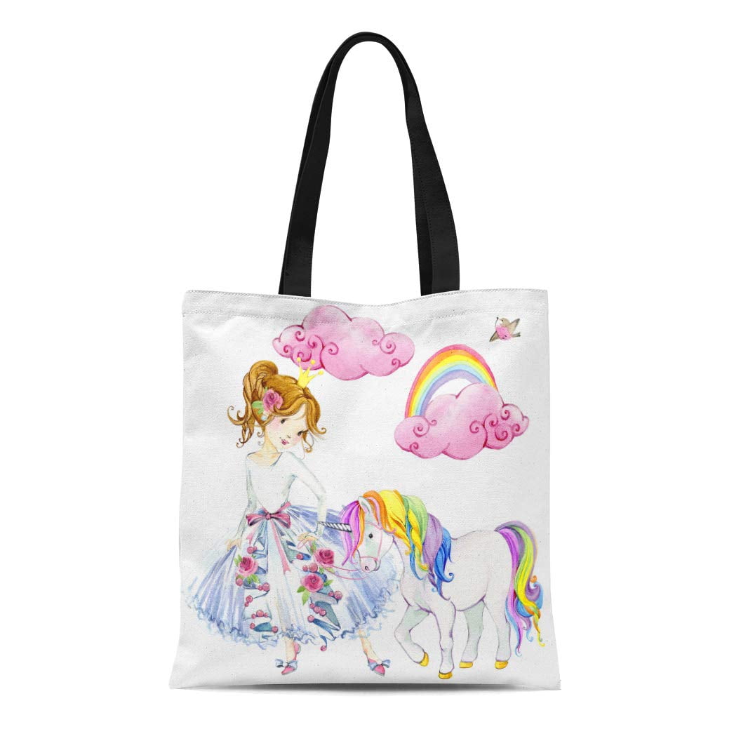NUDECOR Canvas Tote Bag Colorful Cute Watercolor Unicorn in the Sky Fantasy  Pastel Durable Reusable Shopping Shoulder Grocery Bag