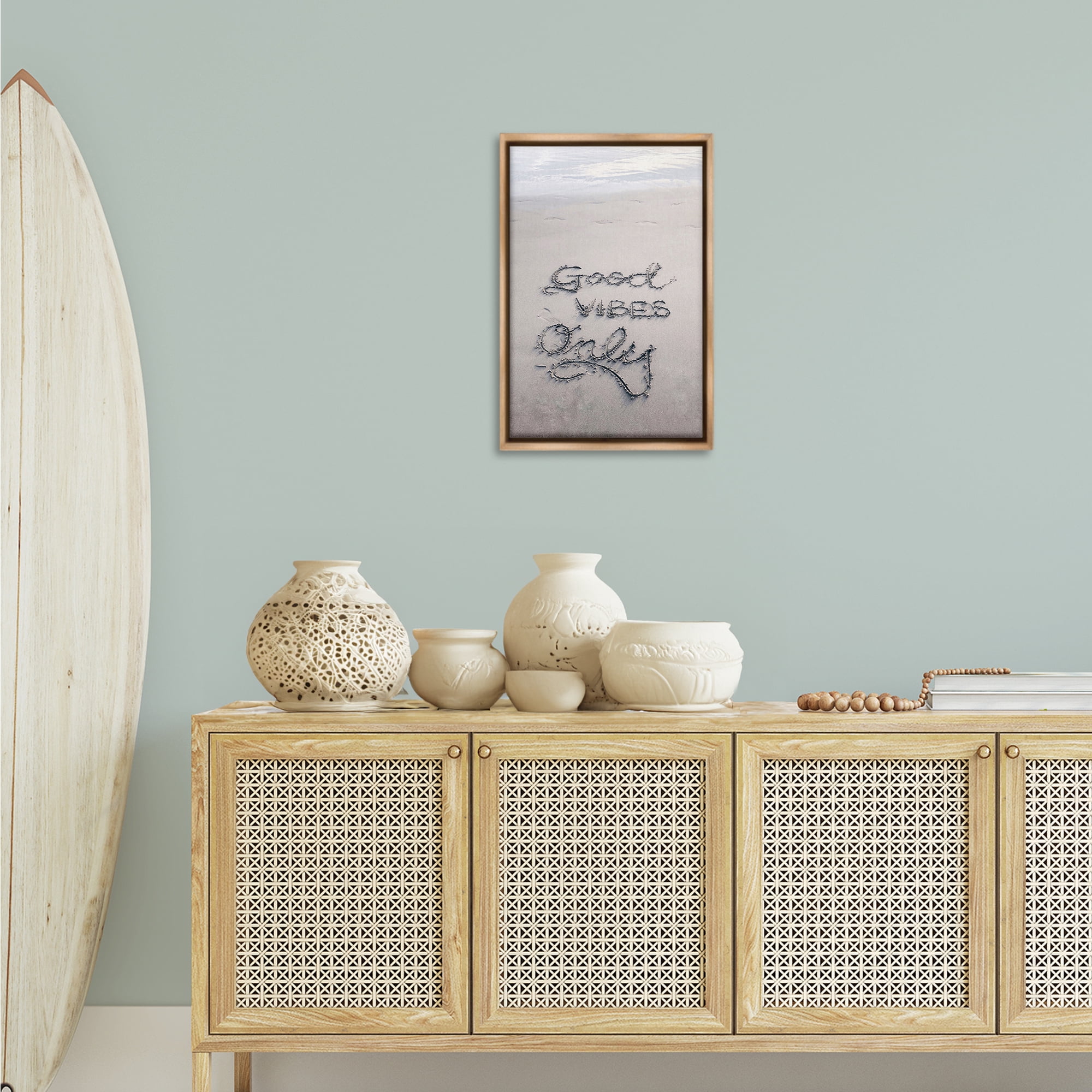 Stupell Industries Good Vibes Only in Sand Nautical & Beach Photography Brown Floater Framed Canvas Art Print Wall Art, 17 x 25