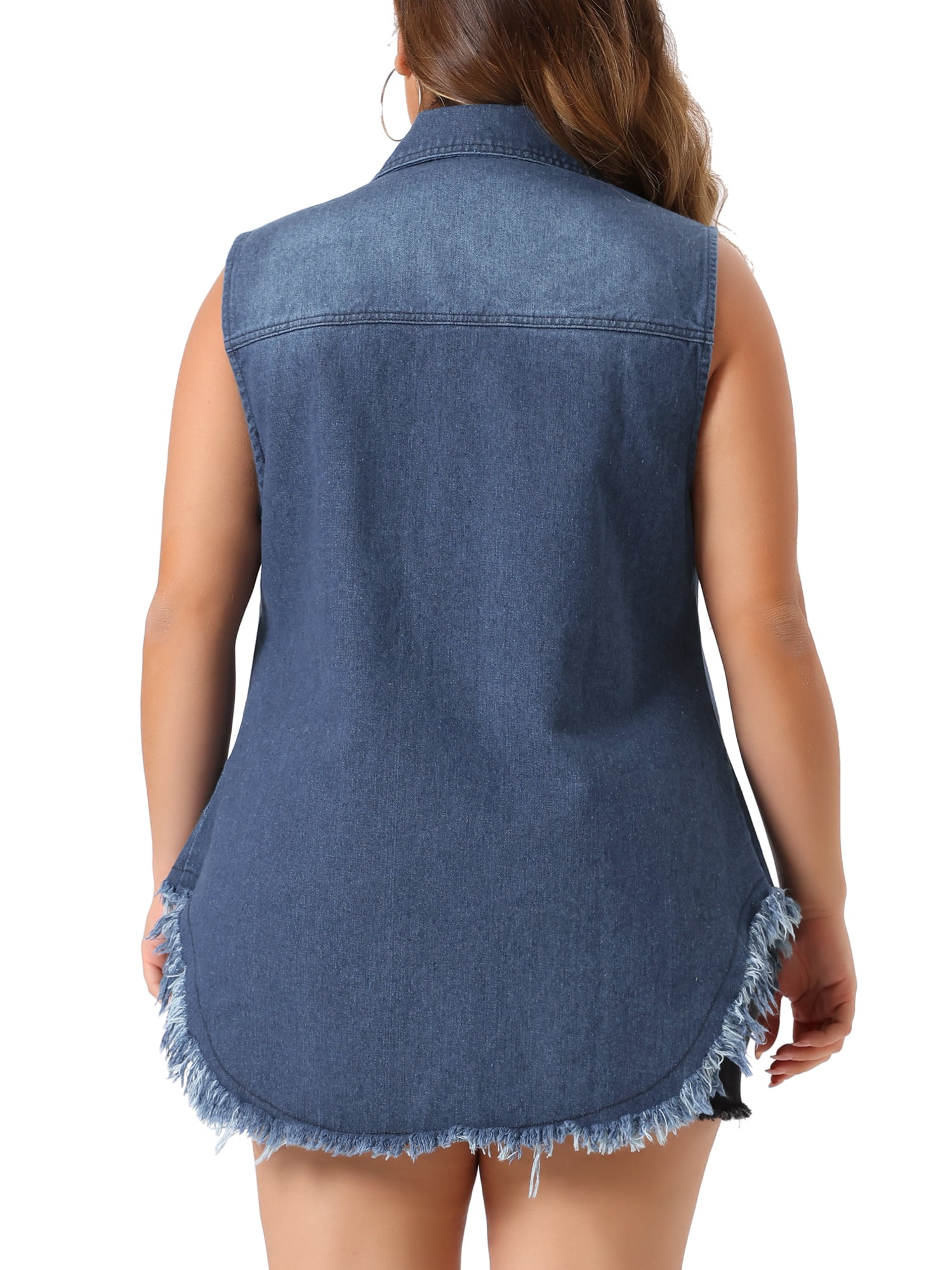 DARING DIVA Women's Plus Size Button Up Frayed Hem Shacket Jean Vest 3X Dark Blue