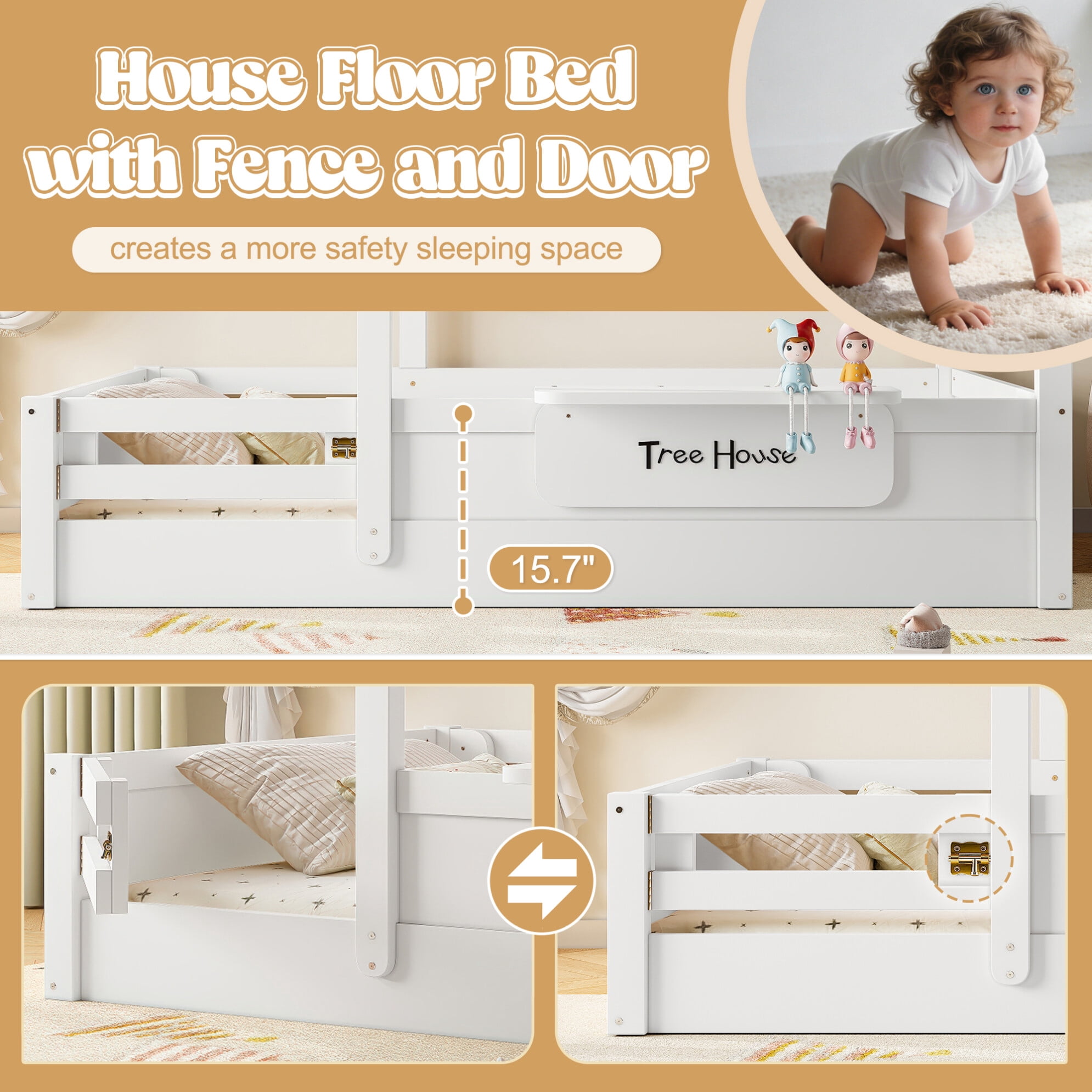 Full House Bed for Kids, Wooden Montessori Floor Bed with Door and Fence, Playhouse Roof Toddler Floor Bed with Built-in Tray for Boys & Girls, White