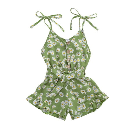 

jaweiw Baby Girl Summer Short Romper Button Bowknot Belt Jumpsuit One-piece Floral Print V-neck Sleeveless Bodysuit