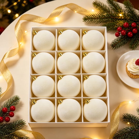 Sunshinehomely 12-Piece 2.4 Inch Cream Flocked Velvet Christmas Ball Ornaments, Christmas Tree Ornaments, Hanging Baubles for Holiday Tree Wreath Garland Party Decor