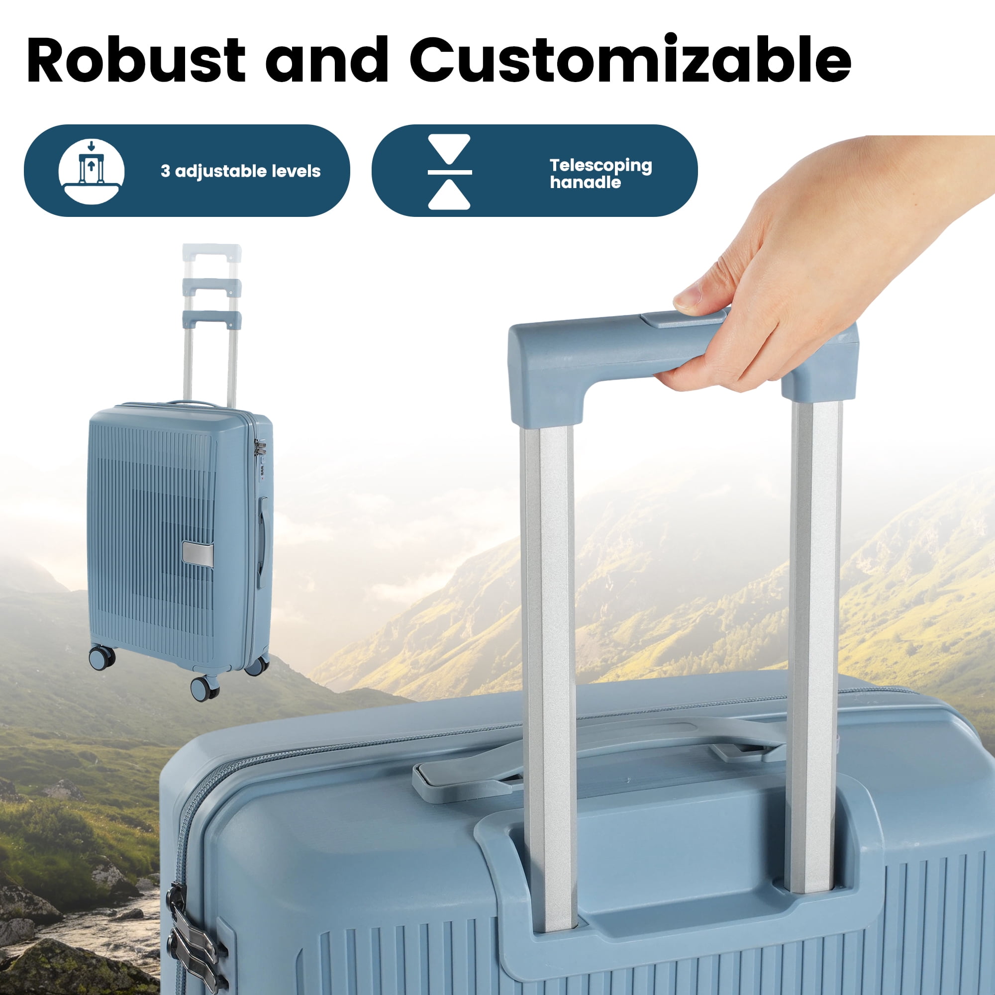 Travelhouse 3 Piece Checked Hard Shell Luggage Set Lightweight Suitcase with Lock and Spinner Wheels,Grayish blue