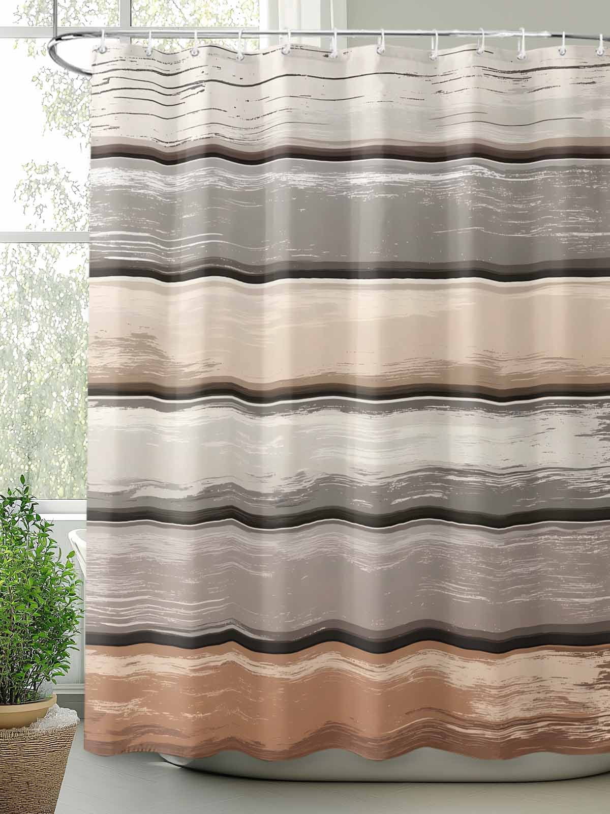Brown Beige Stripes Shower Curtain Set, Waterproof Shower Curtains for Bathroom, Geometric Painting Neutral Textured Washable Fabric Cloth Bath Curtain for Bathtub Decoration with Hooks 48x72 Inches