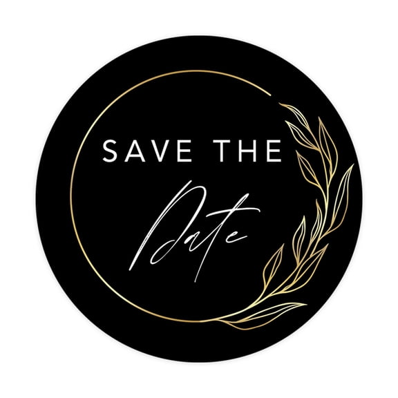 Koyal Wholesale Save The Date Round Sticker Labels, Black and Gold Leaf Frame Design, 2-Inch Wedding Envelope Seals, 120-Pack