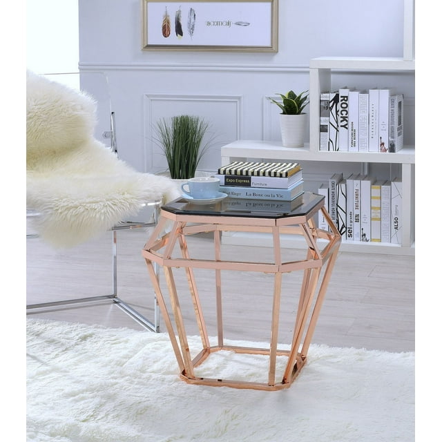 ACME Clifton End Table in Rose Gold & Smoky Glass