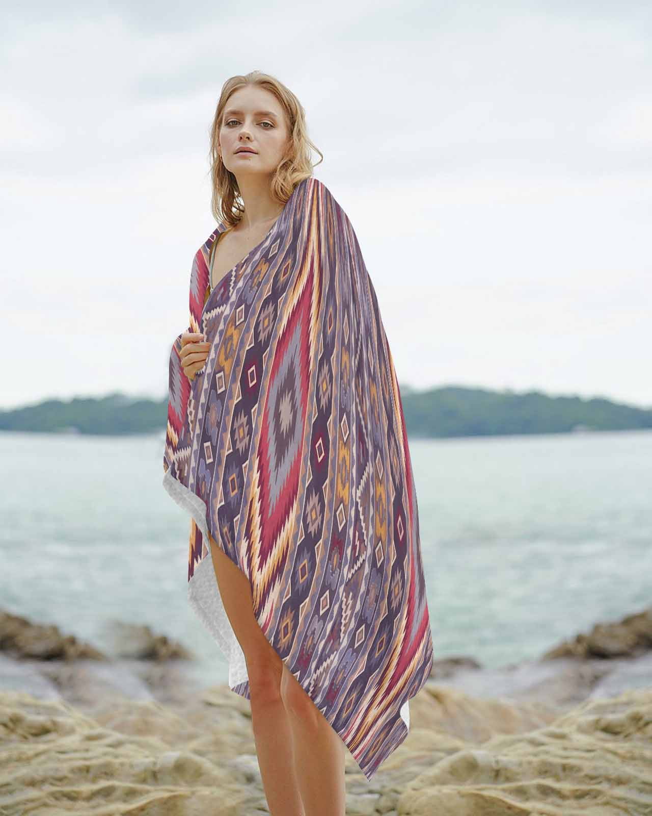 Southwest Aztec Beach Towels Oversized Super Absorbent, Country Retro Ethnic Geometric Motifs Lightweight Bath Towel Quick Dry Sets For Bathroom/Pool/Rv Camping/Beach Play/Gym Room/Picnic 23"x47"