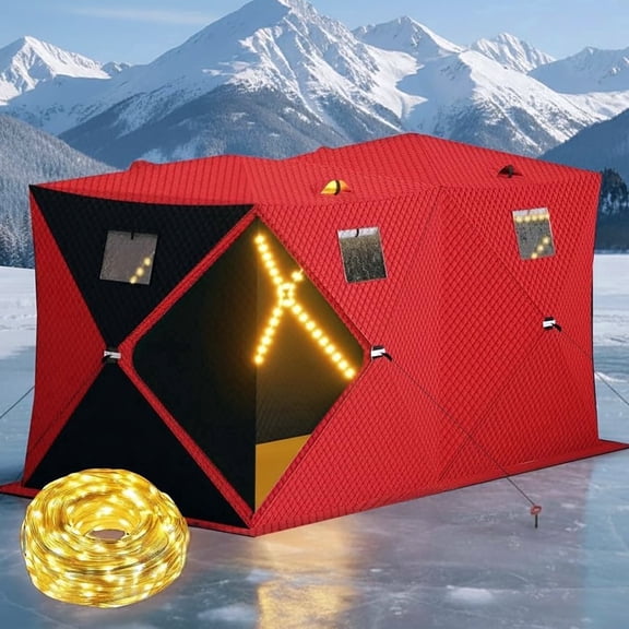 Pop Up Ice Fishing Shelter with LED Light Strip, Windproof Insulated Ice Fishing Tent Portable Hub Frame for 6-8 Person Winter Ice Fishing, Red Black