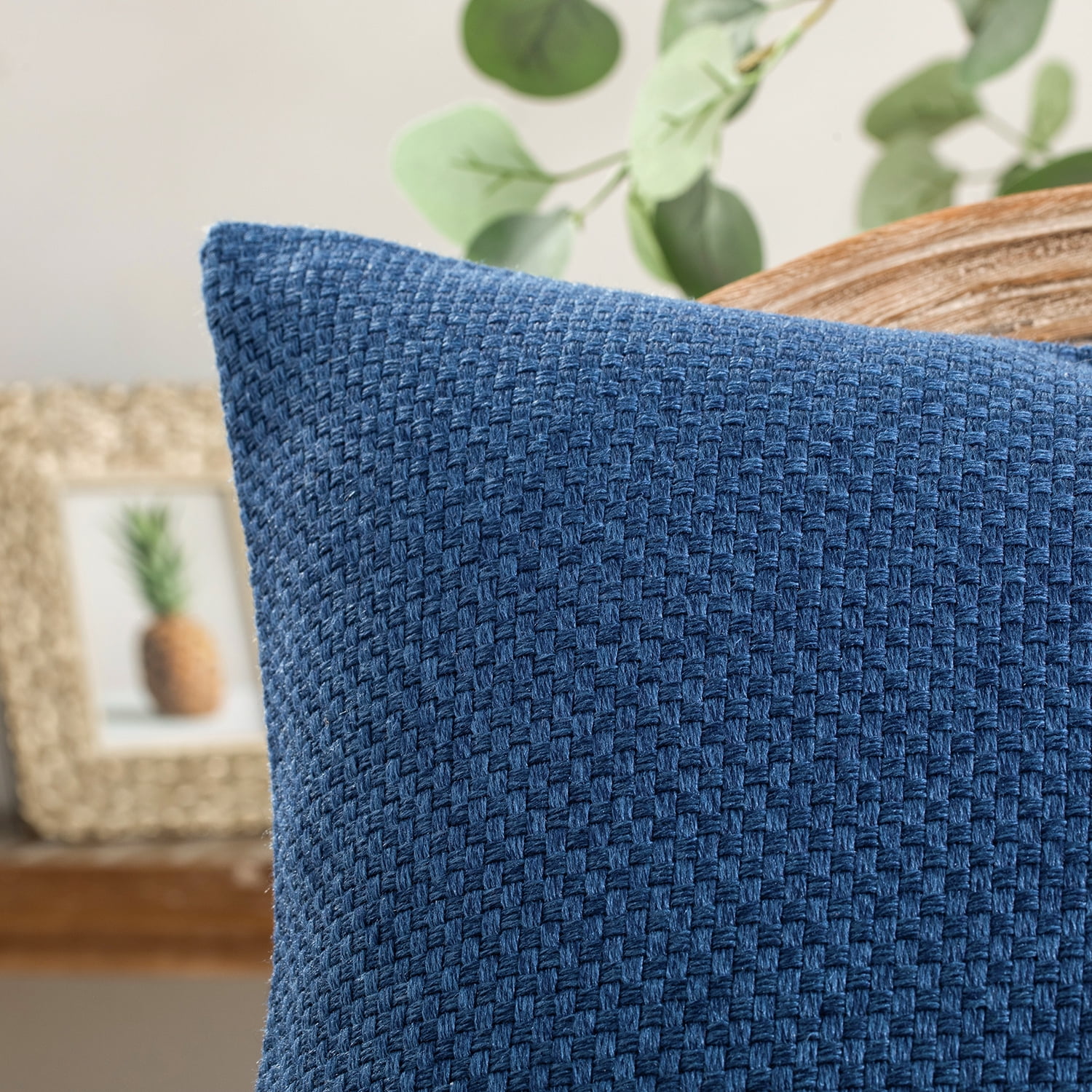 Phantoscope Classic Woven Textured Thick Solid Color Checker Plaid Series Decorative Throw Pillow, 22" x 22", Blue, 2 Pack