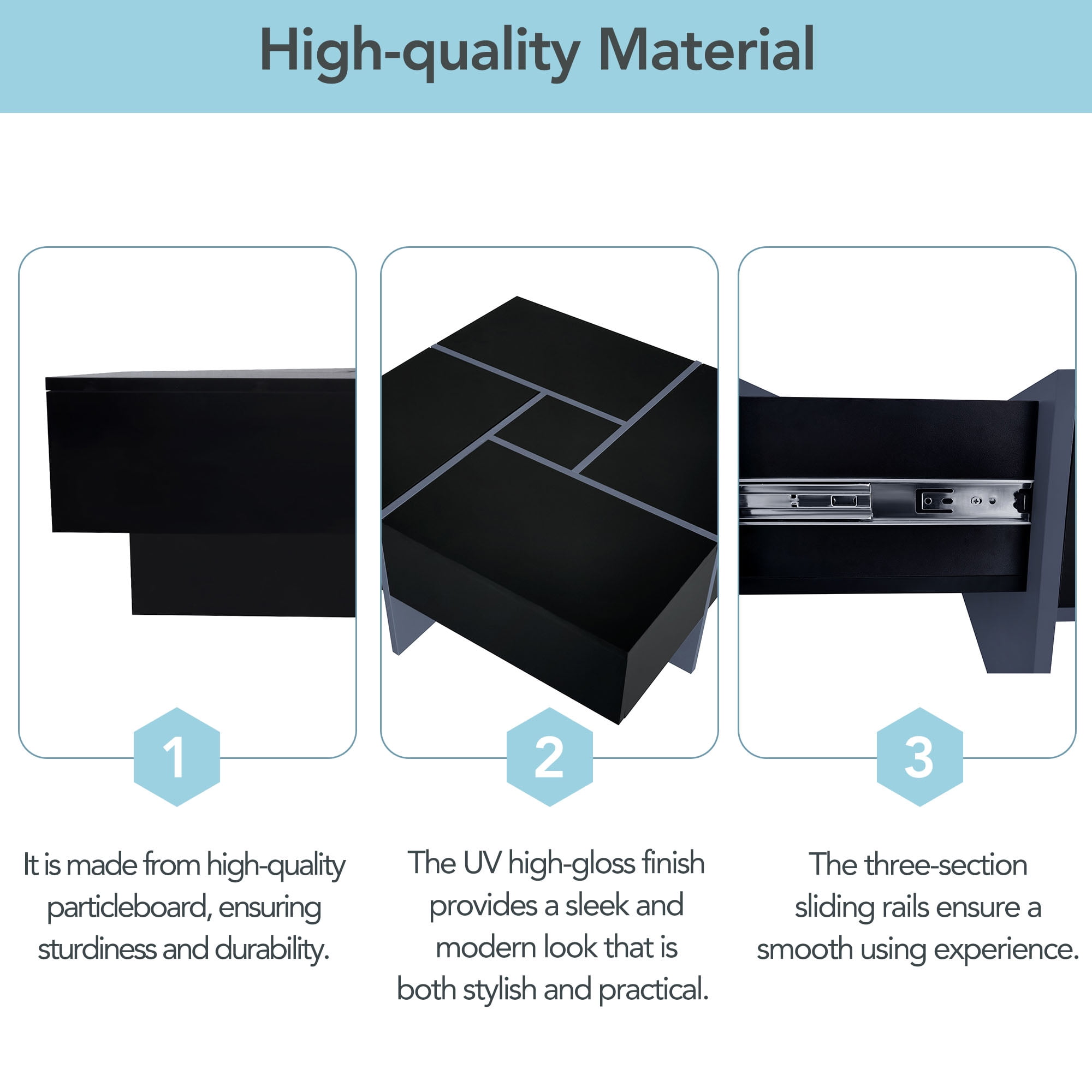 MAYEERTY Unique Design Coffee Table with 4 Hidden Storage Compartments, Square Cocktail Table with Extendable Sliding Tabletop, UV High-Gloss Center Table for Living Room, 31.5"x 31.5",Black