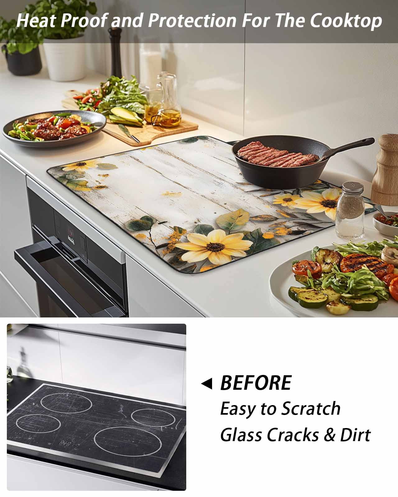 Stove Top Covers for Electric Stove, Yellow Floral Spring Glass Stovetop Cover Protector, Vintage Summer Botanical Induction Cooktop Protector Oven Mat for Kitchen Countertop 24"x21"