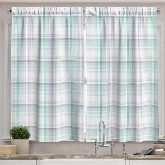 Ambesonne Fashion Kitchen Curtains, Violet Greenish Plaid Art, 55"x24", Pastel Purple Sea Green
