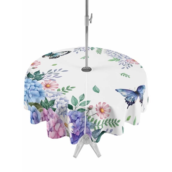 Outdoor Tablecloth with Umbrella Hole for Patio/Picnic/Party/Camping, Spring Flowers Waterproof Table Cloth Round Cover Washable, Watercolor Floral Butterflies Botanical (Dia 54")