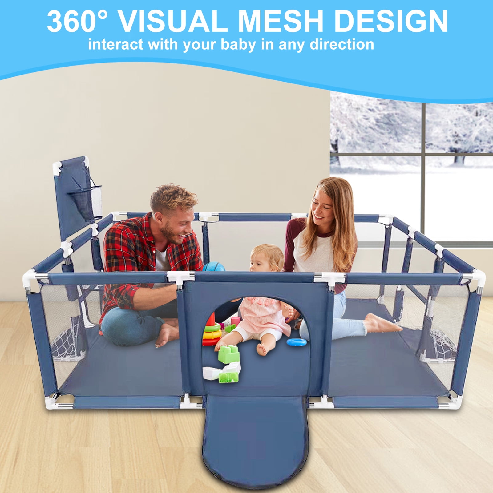 71” x 48” Extra Large Baby Playpen with Basketball Hoop & Soccer Net, No-gap safety Play Yard for Babies & Toddlers, Sturdy Mesh Fence Ball Pit Area (No Balls)