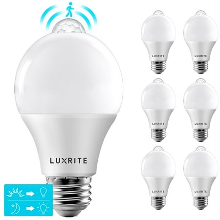 

Luxrite A19 LED Dusk to Dawn Motion Sensor Security Light Bulb 5000K Bright White 800 Lumens UL Listed E26 6-Pack