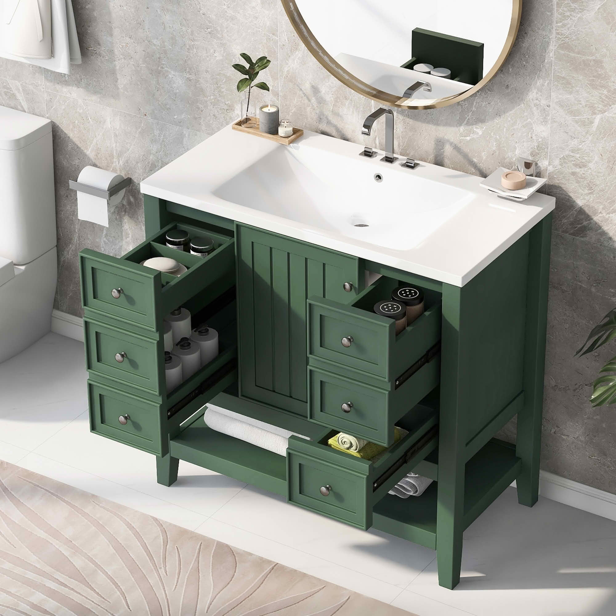 MAYEERTY 36" Bathroom Vanity with Sink 1 Cabinet 3 Drawers Solid Wood MDF Green