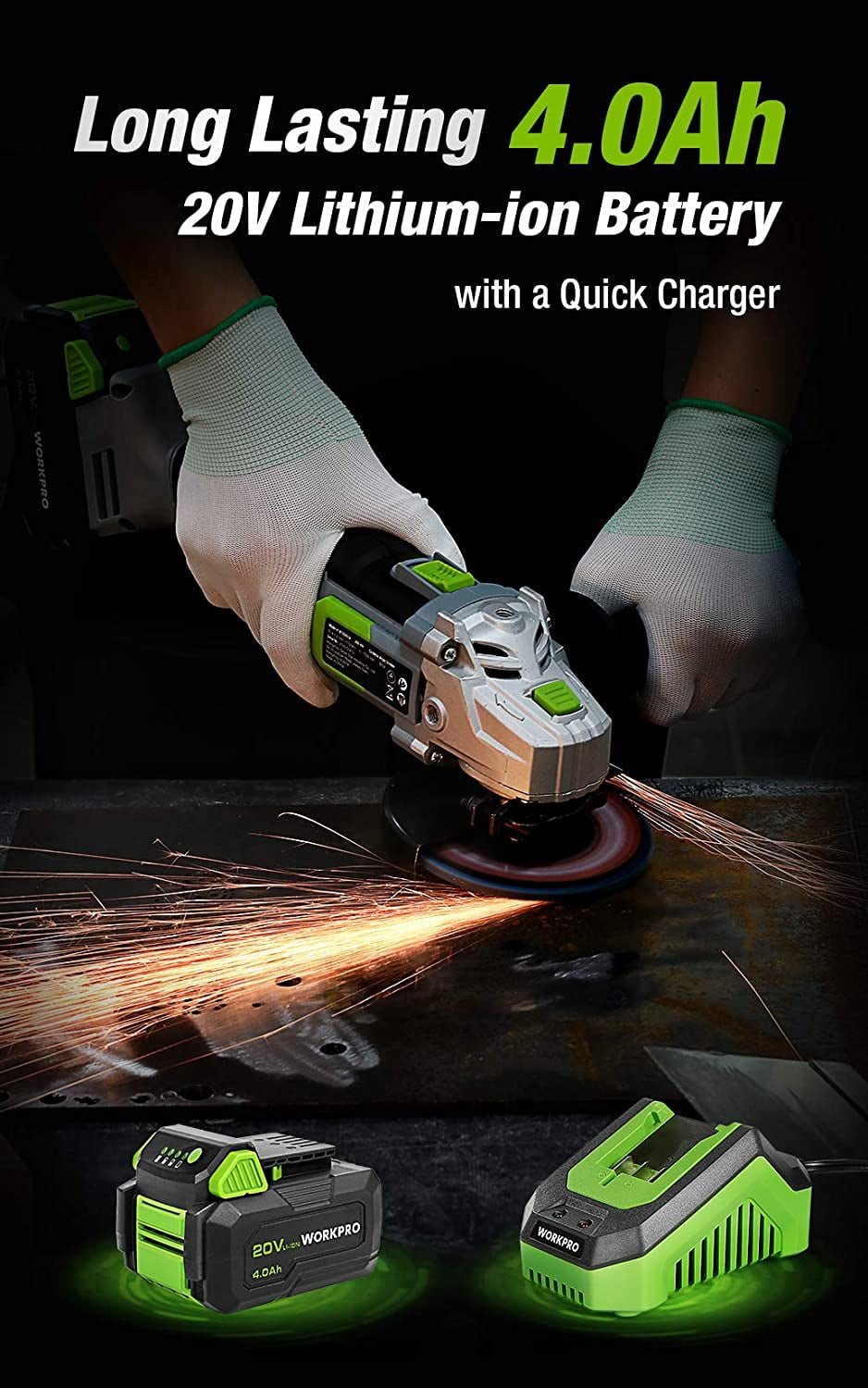 WORKPRO 20V Cordless Angle Grinder Kit, 4-1/2 inch, Lightweight Angle Grinder Power Tool with 4.0Ah Lithium-Ion Battery & Fast Charger, Ergonomic Button Position for Reducing Hand Pressure