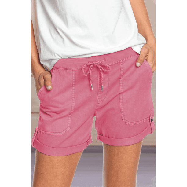 Women Casual Shorts Plain Solid Color Elastic Waist Drawstring Pockets  Shorts Ladies Summer Beach Lightweight Short Lounge Pants Solid Color  Straight Pink 2XL - Walmart.com